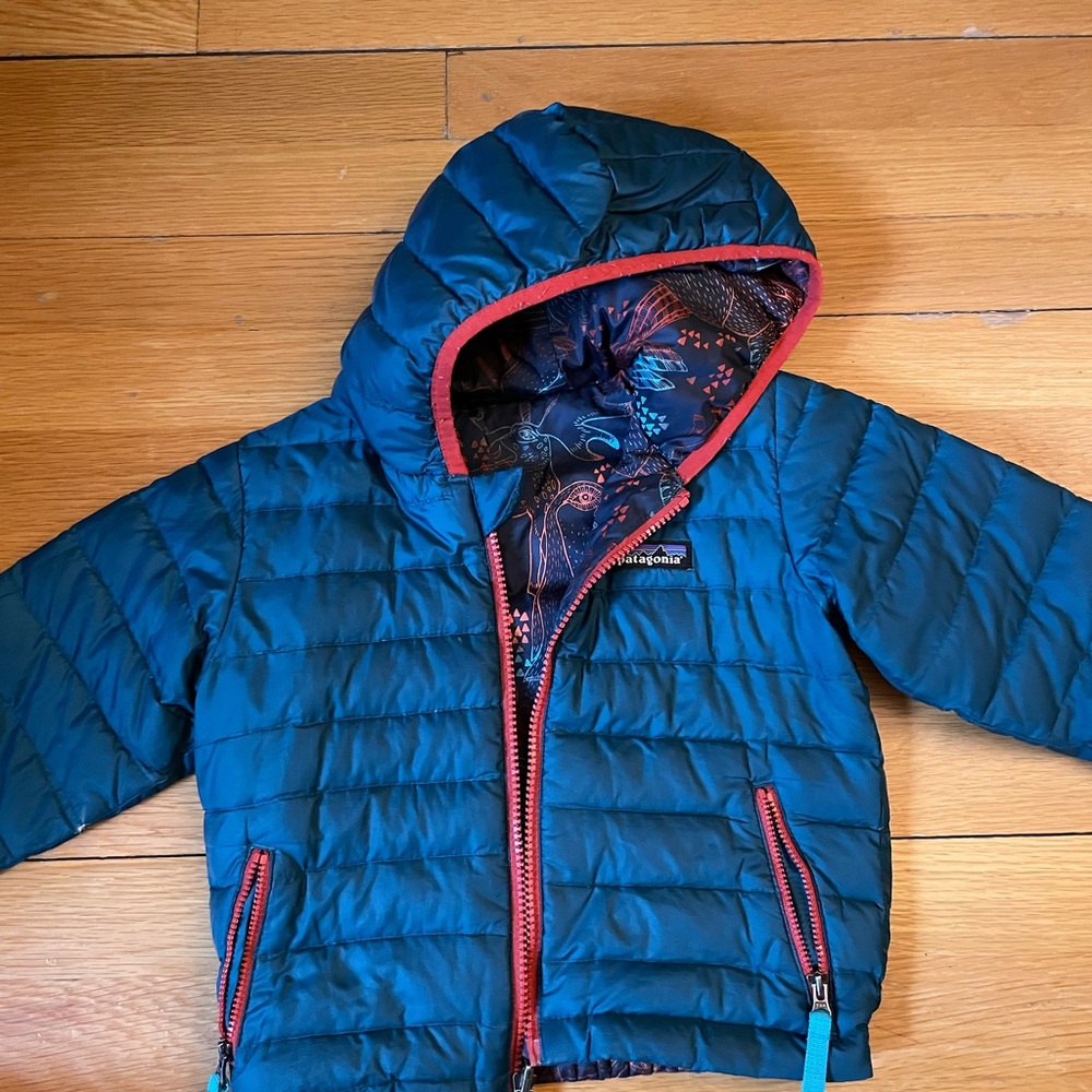 Patagonia Kids Teal Puffer Jacket with Red Trim